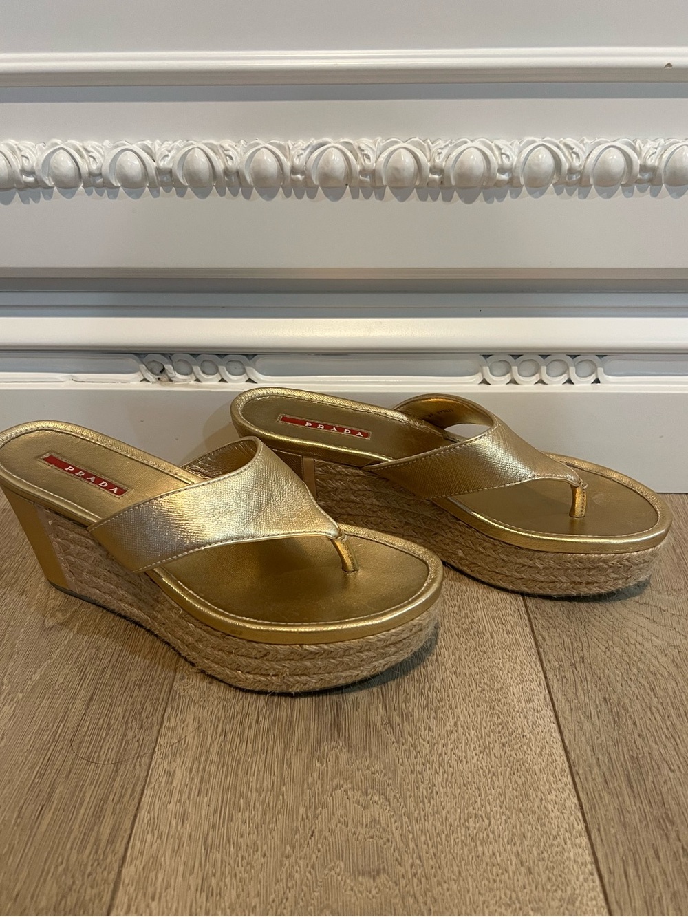 Prada Sport Gold Espadrille Sandals